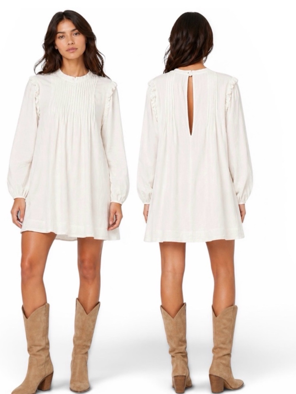 Free People Clover Pintuck Tunic Dress White Cotton Linen Boho Coquette NWT‎ L